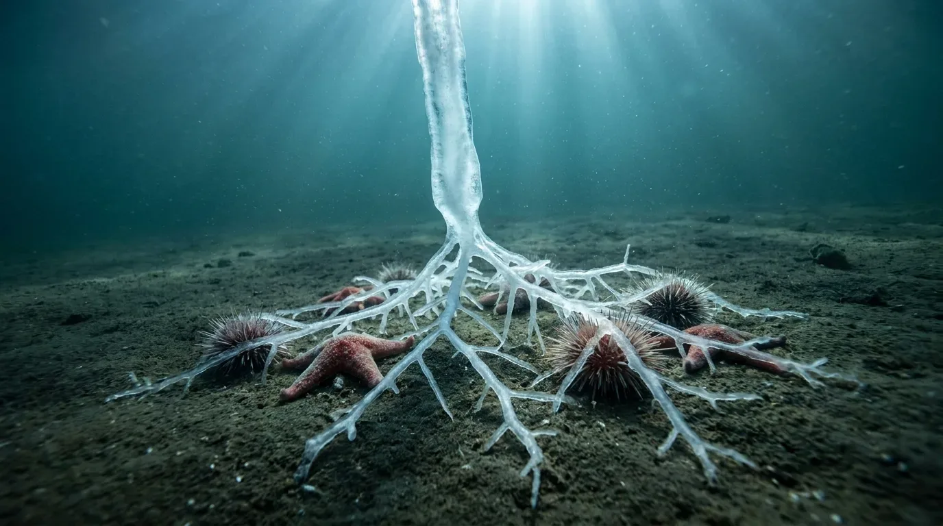 The destructive impact of a brinicle on the seafloor, with a web of ice encasing starfish and other marine life.