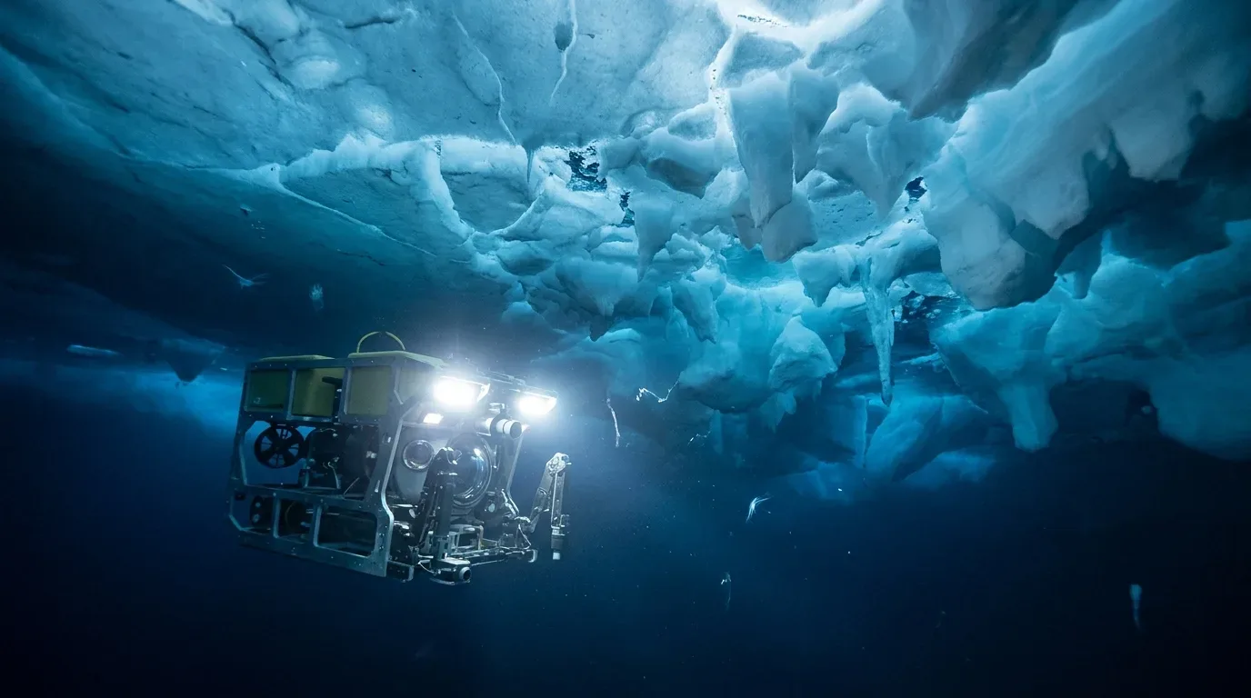 An unmanned submersible exploring the challenging under-ice environment of the polar regions, illustrating the difficulty of documenting brinicles.