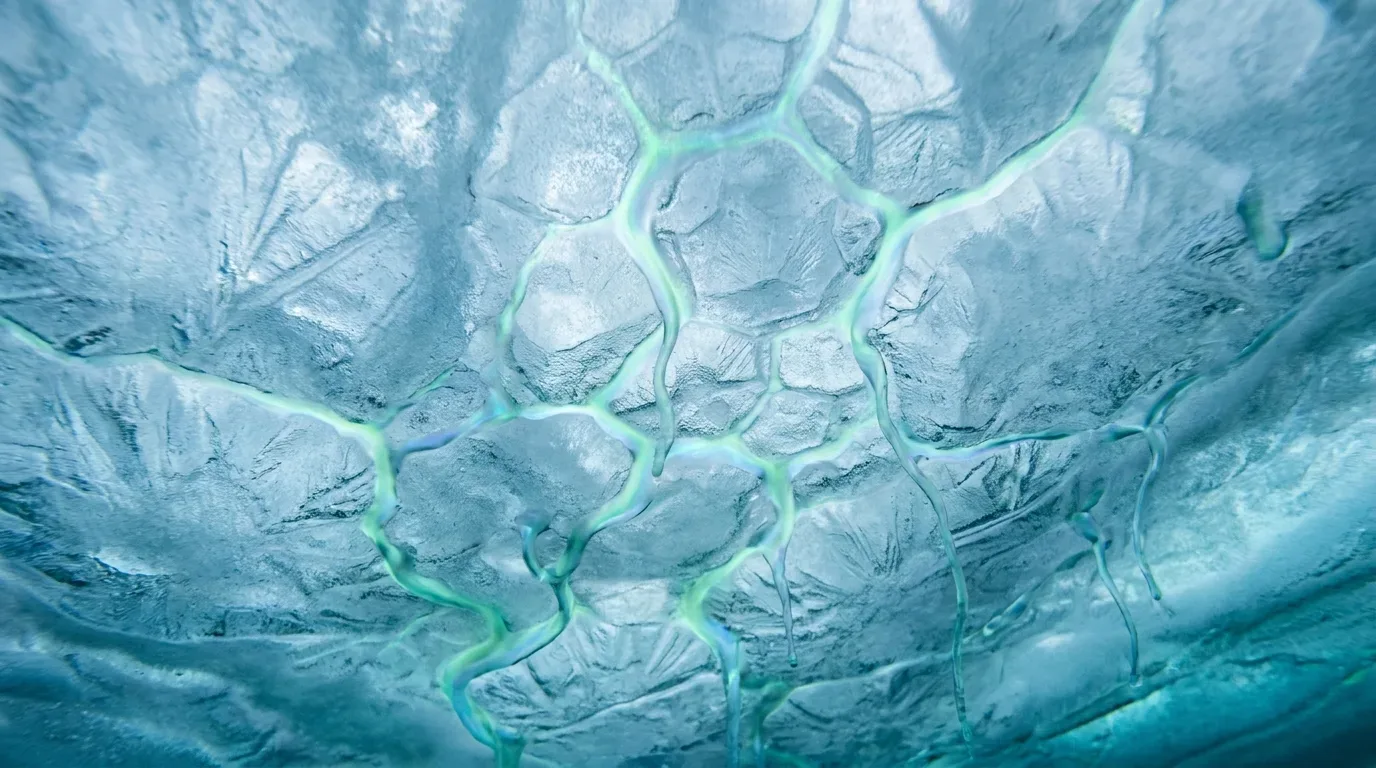 A close-up, abstract view of the underside of sea ice, showing the super-salty brine channels that lead to brinicle formation.